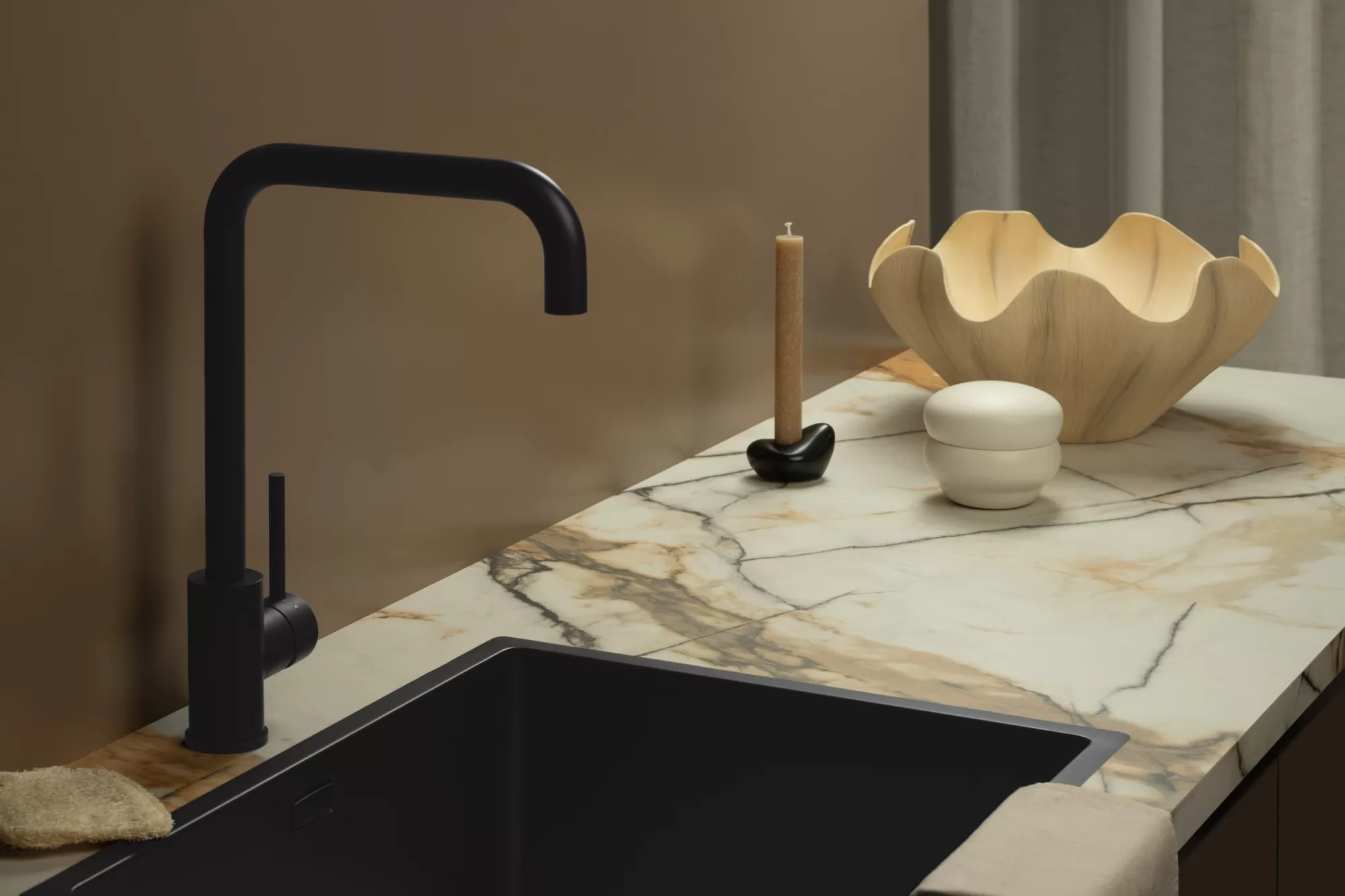Kunststof keukenblad Top Laminate Cupido met Sturdy Black kraan en spoelbak ASWA Keukens