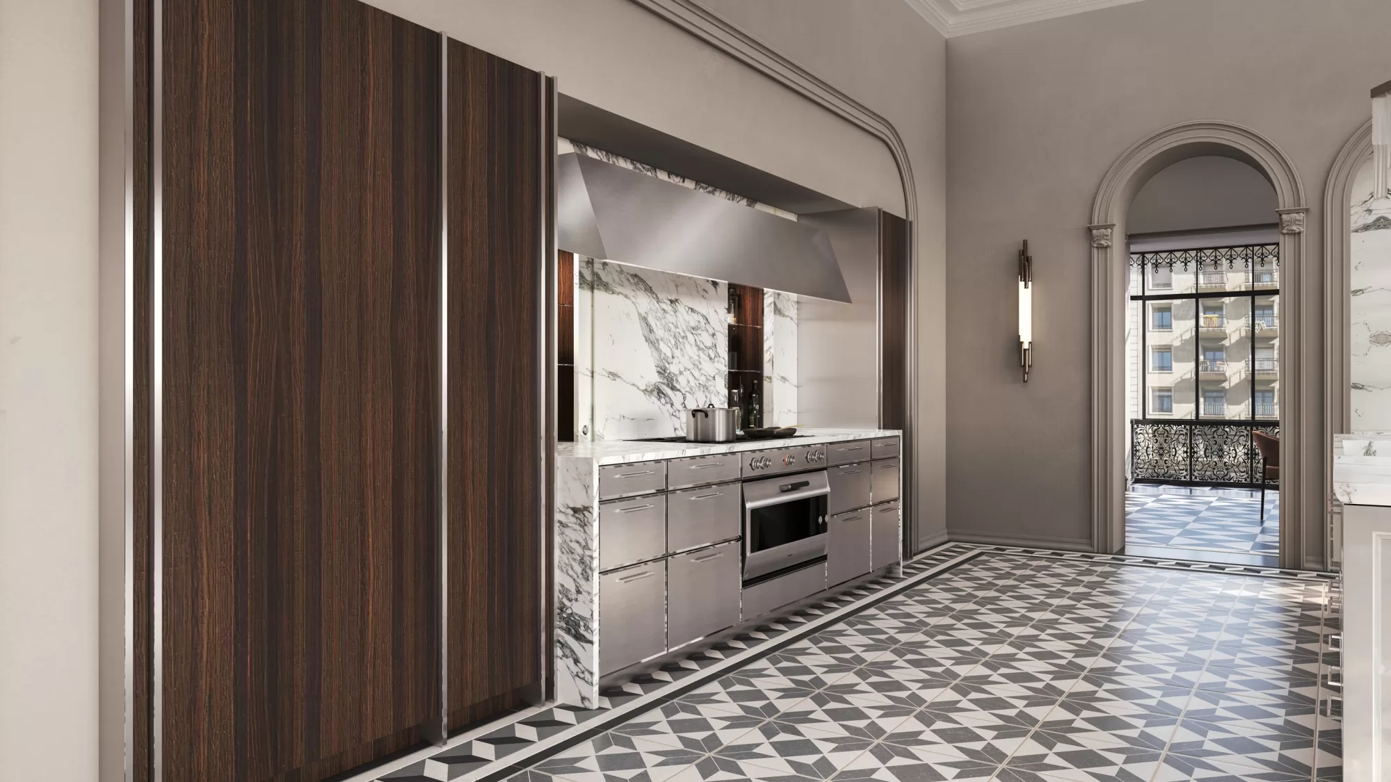 SieMatic Classic keuken met luxe materiaalcombinaties, marmerlook afwerking en donkere houtaccenten.