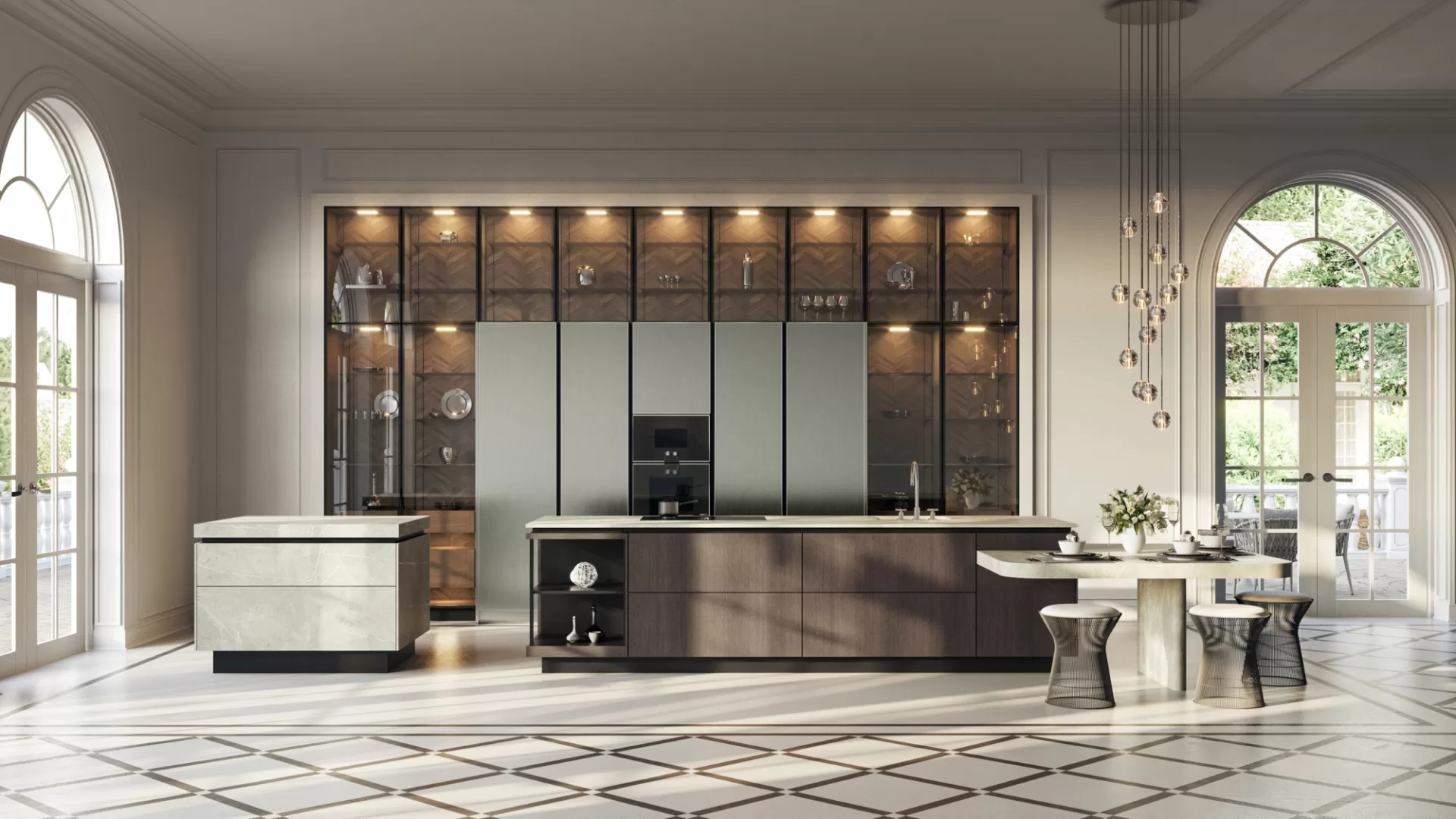 SieMatic S2 designer kitchen with cooking island and display cabinets in the showroom