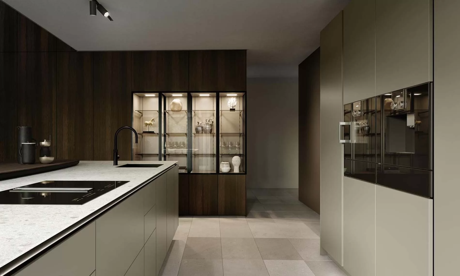 SieMatic SLX met donkere houtafwerking, licht front en natuurstenen look werkblad