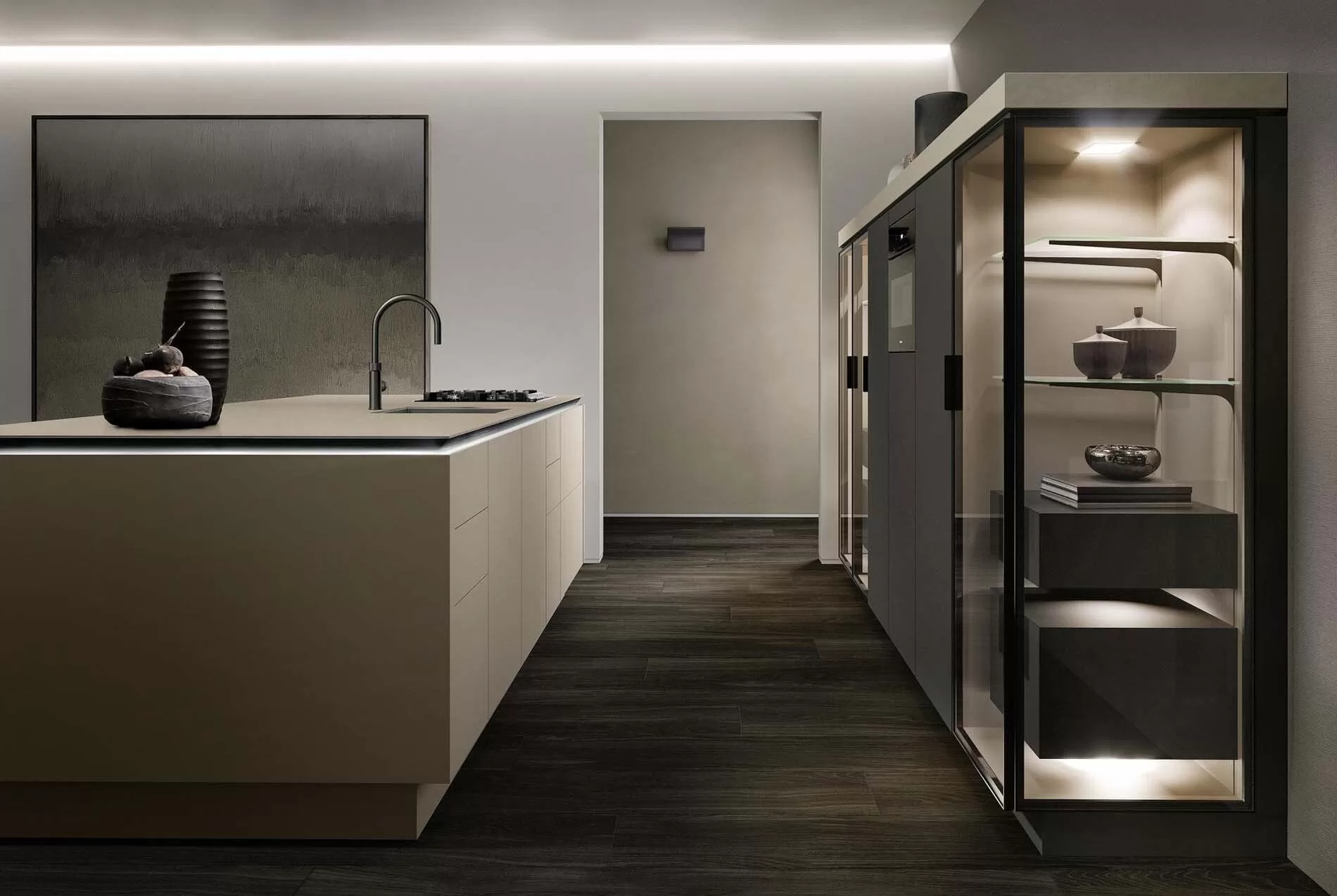 Handle-free SieMatic kitchen with cooking island, glass display cabinet, and minimalist design.