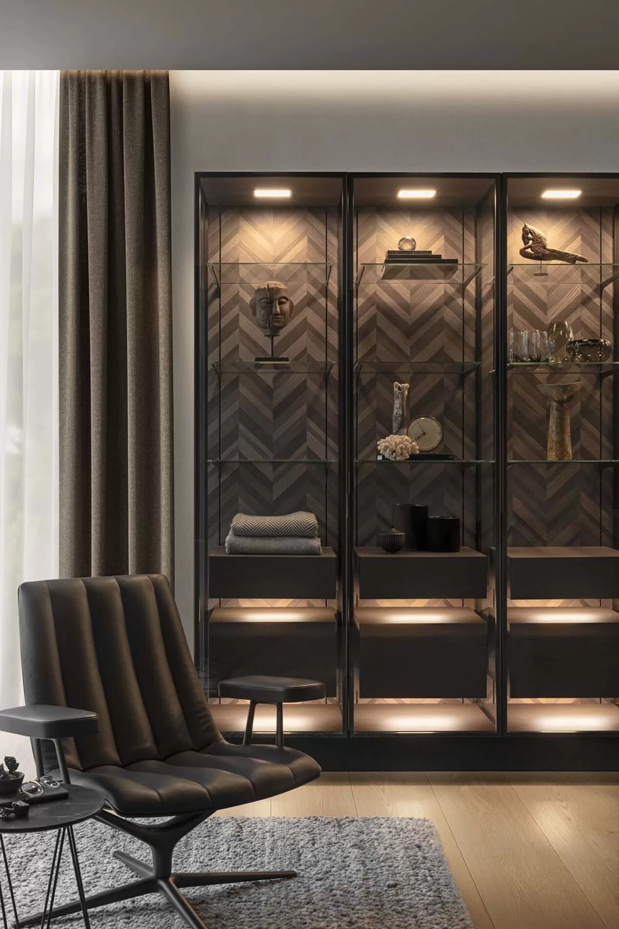 Verlichte vitrinekast met glasdeuren als onderdeel van een SieMatic SLX interieur