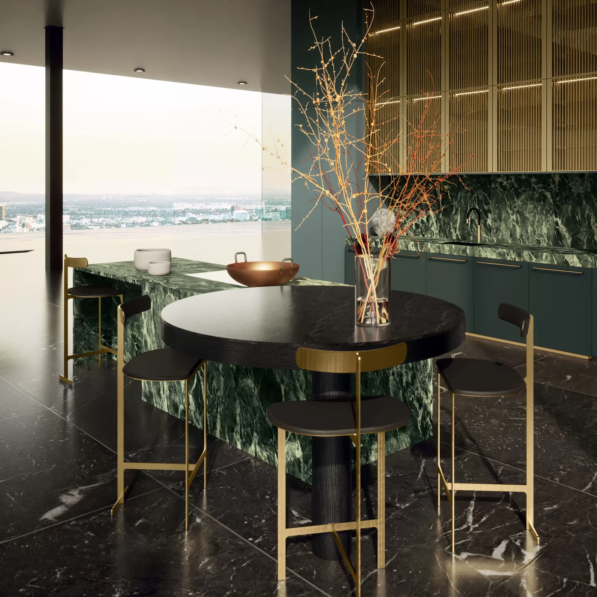 SieMatic Mondial kitchen featuring luxurious materials, a round table, and an international design aesthetic.