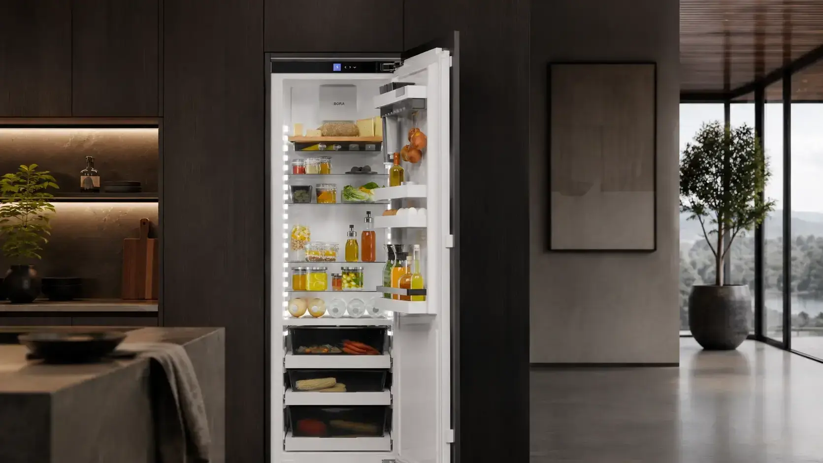 BORA Cool inbouwkoelkast met Fresh zero bakken in een moderne keuken