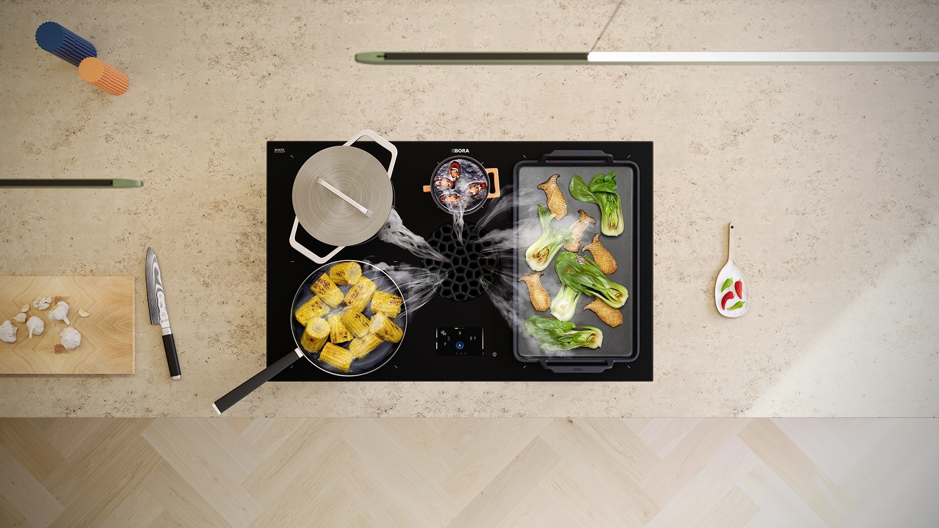 BORA X Pure Max inductiekookplaat met geïntegreerde afzuiging tijdens het koken