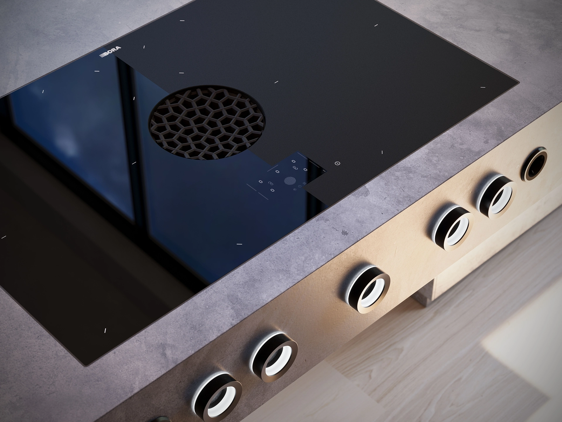 Close-up van het touch bedieningspaneel van de BORA X Pure Max inductiekookplaat met geïntegreerde afzuiging