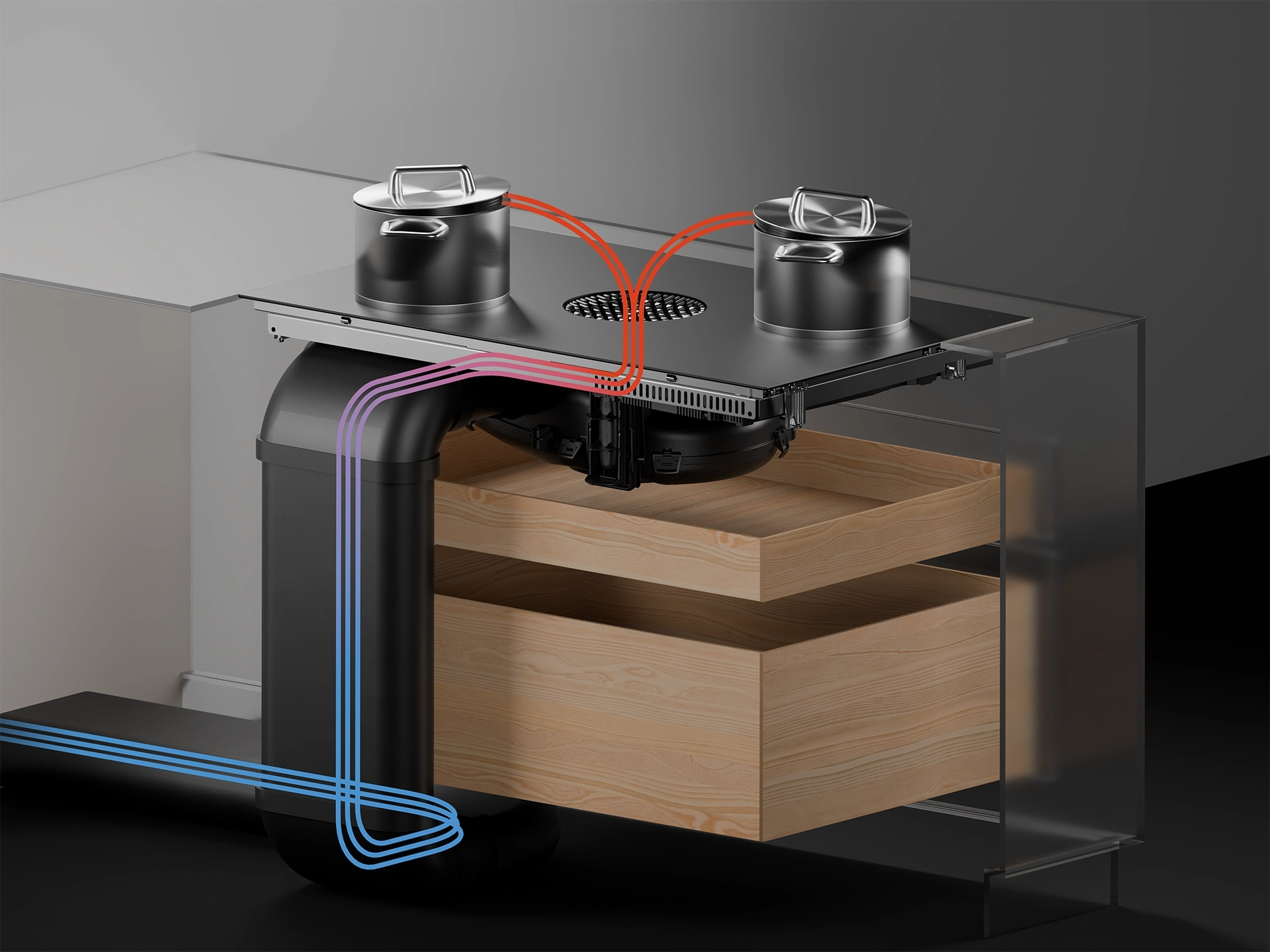 Illustratie van de luchtafvoer bij de BORA X Pure Max inductiekookplaat met geïntegreerde afzuiging