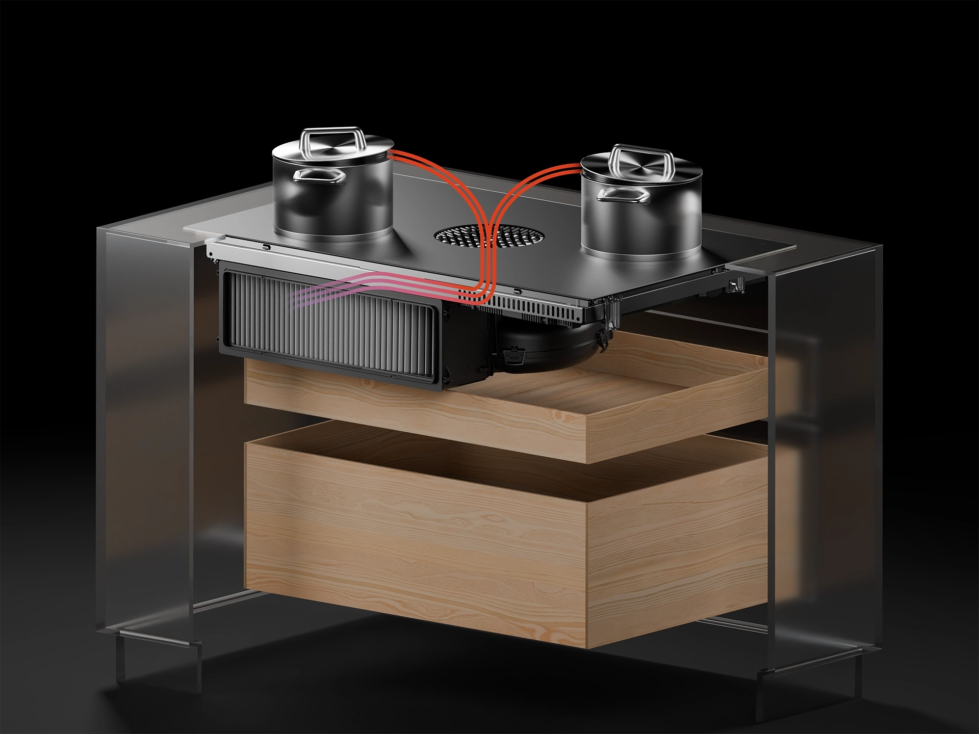 Illustratie van de BORA X Pure Max inductiekookplaat met geïntegreerd recirculatiesysteem en luchtfilter