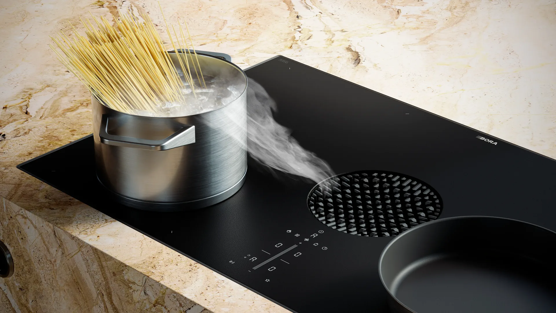 BORA kookplaat met geïntegreerde afzuiging tijdens het koken