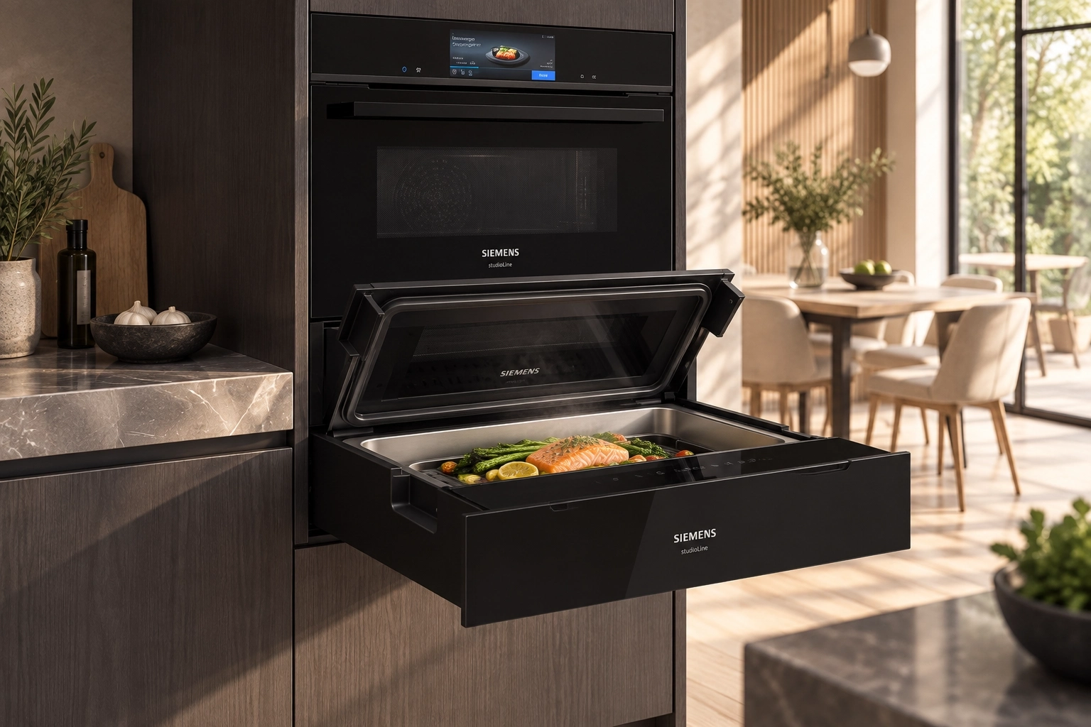 Siemens stoomlade geïntegreerd onder een oven