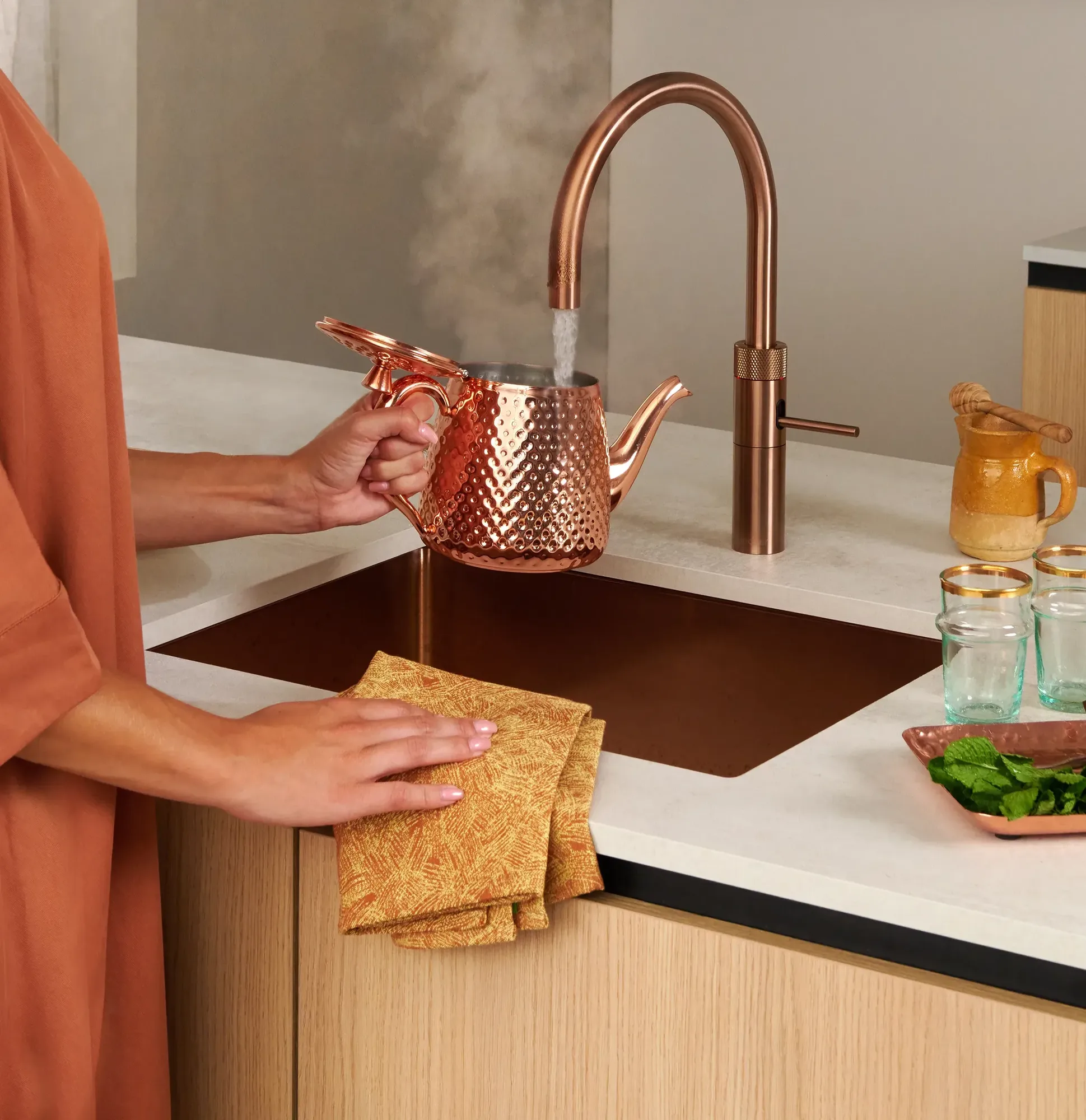 Gootsteen schoonmaken Quooker Fusion Round Rose Copper ASWA Keukens