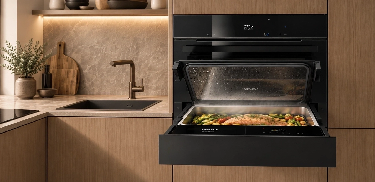Siemens stoomlade met zalm en groenten in een moderne keuken