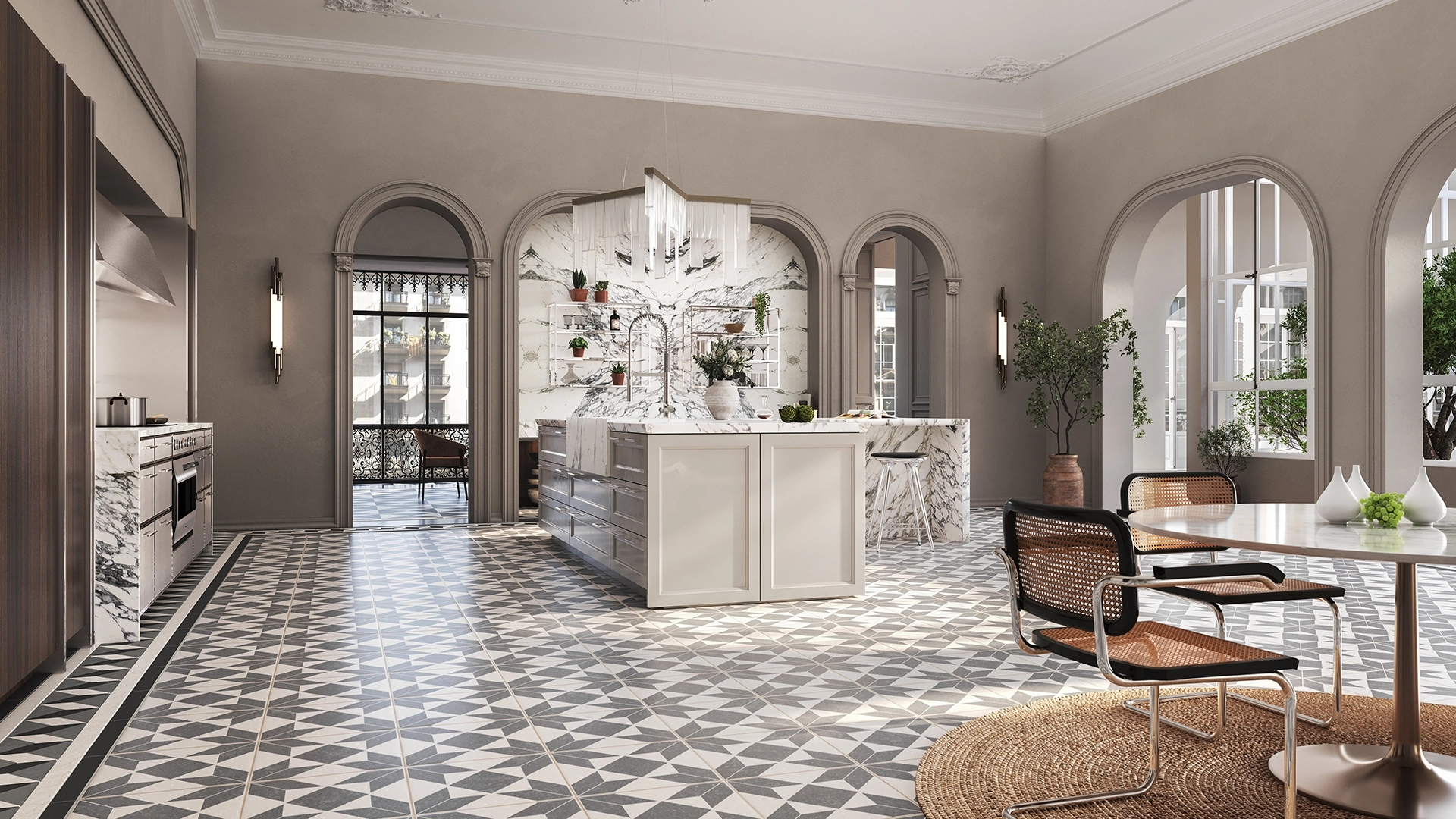 Klassieke SieMatic keuken in een karakteristiek herenhuis met kookeiland en marmerlook afwerking.
