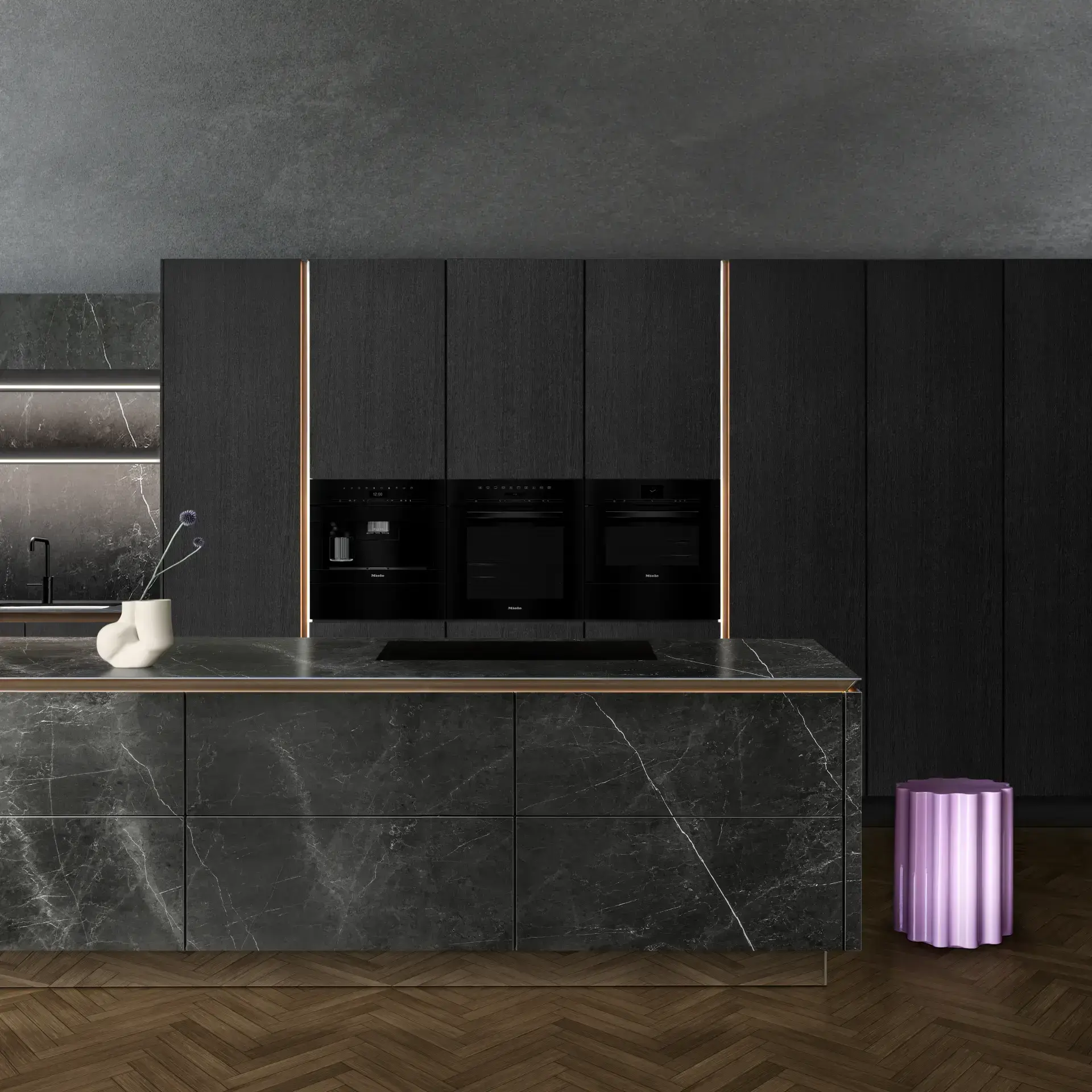 SieMatic keuken met keramische fronten, werkblad en eilandbekleding.