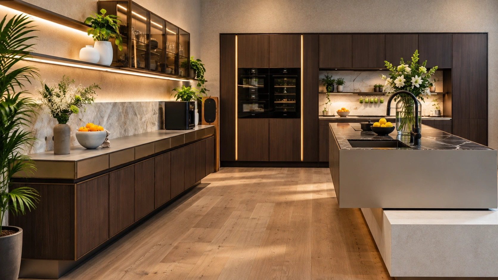 Moderne keuken met hout, steen, glas en geïntegreerde verlichting