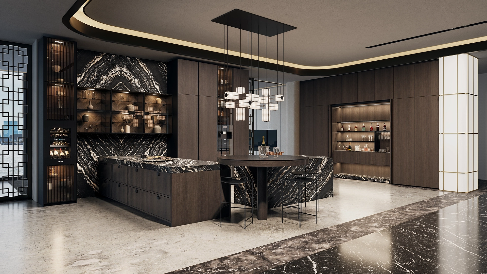 SieMatic Mondial keuken met natuurstenen werkblad, donker hout en luxe materiaalcombinaties.