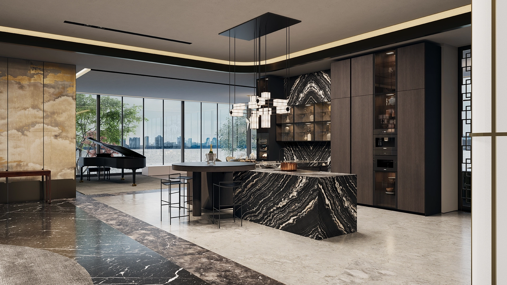 SieMatic Mondial leefkeuken met natuurstenen look kookeiland, luxe materialen en internationale allure.