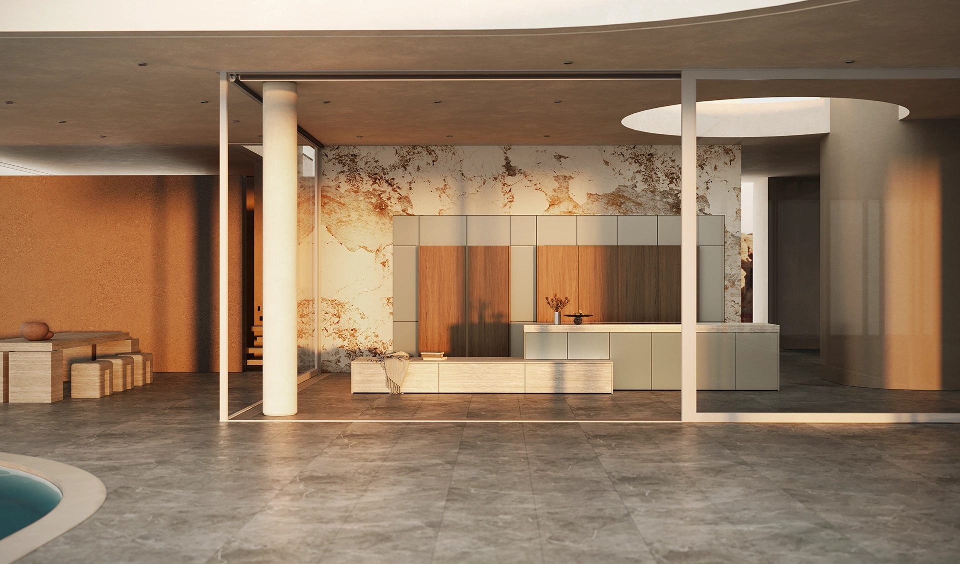 SieMatic Mondial keuken geïntegreerd in moderne architectuur met luxe materialen en minimalistisch design.