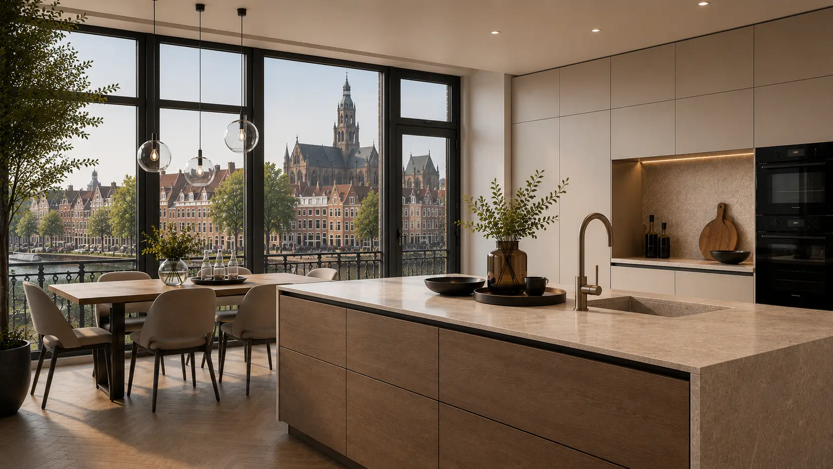 SieMatic kitchen for a home in Haarlem with a view of the historic city center.