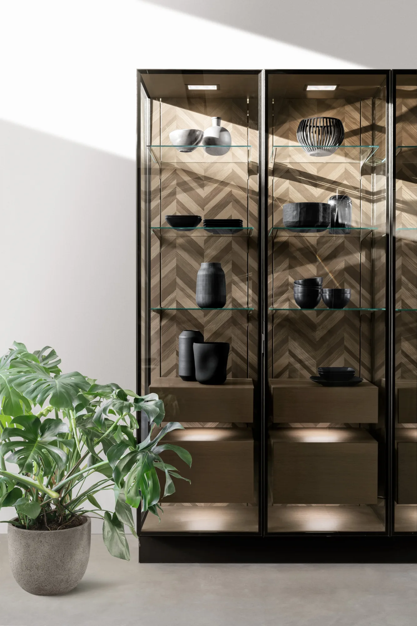 SieMatic PURE display cabinets with wood veneer and lighting