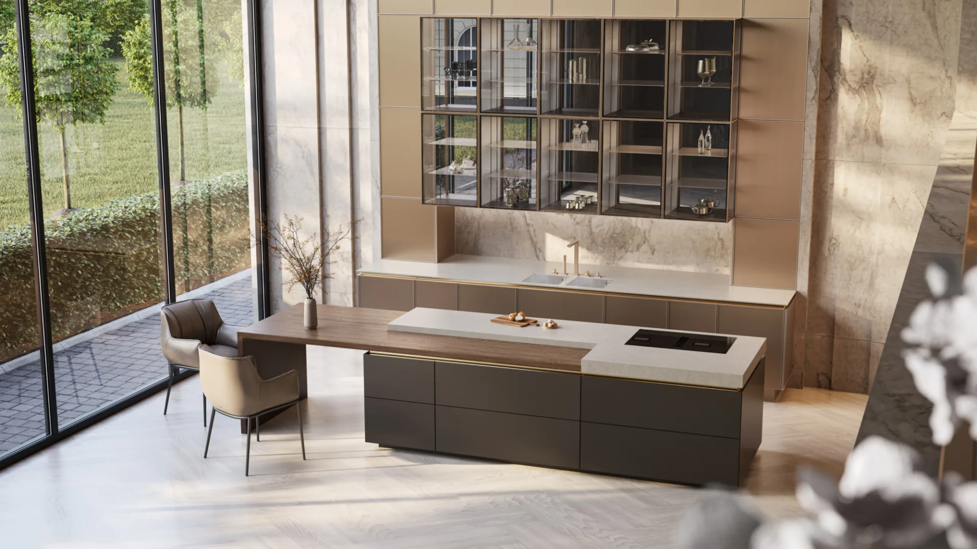 Modern SieMatic keukenmodel met kookeiland en luxe materiaalcombinaties.