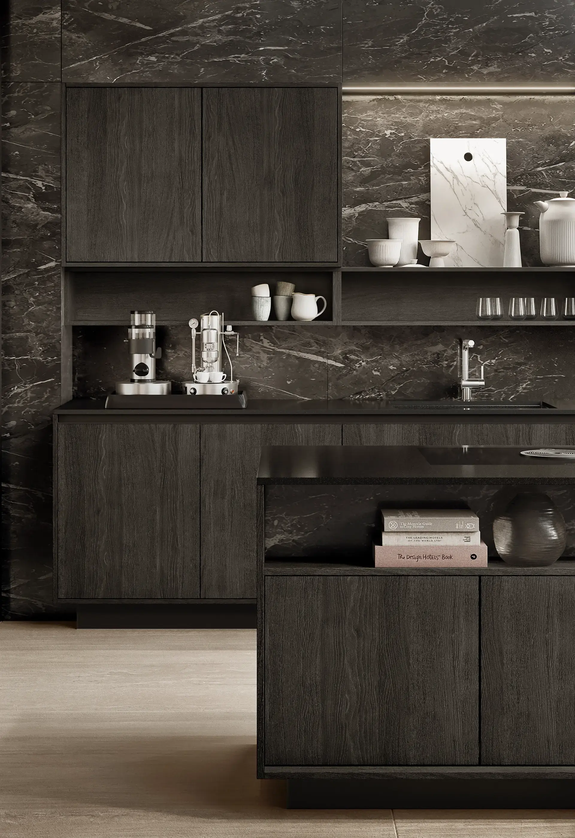 SieMatic SLC keuken met donker hout, open vakken en achterwand met natuurstenen look