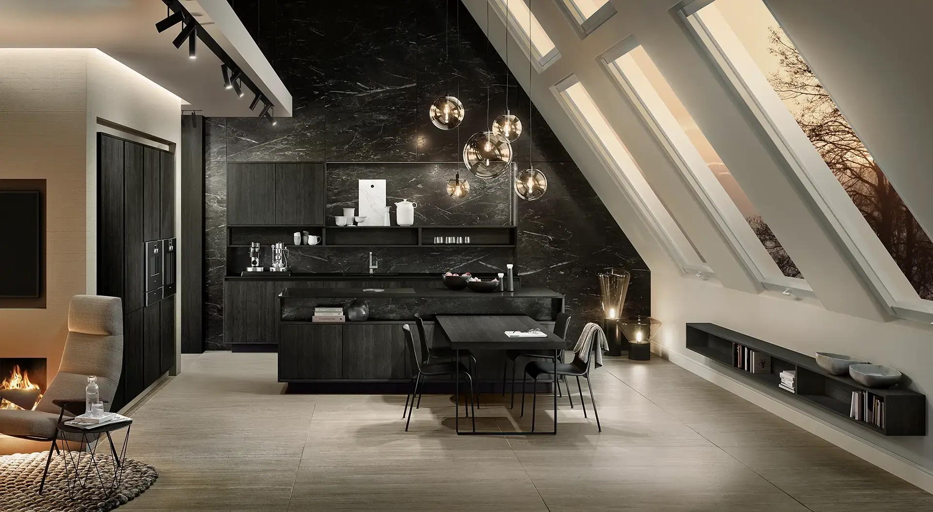 SieMatic SLC leefkeuken met donker hout, natuurstenen look achterwand en geïntegreerde eethoek