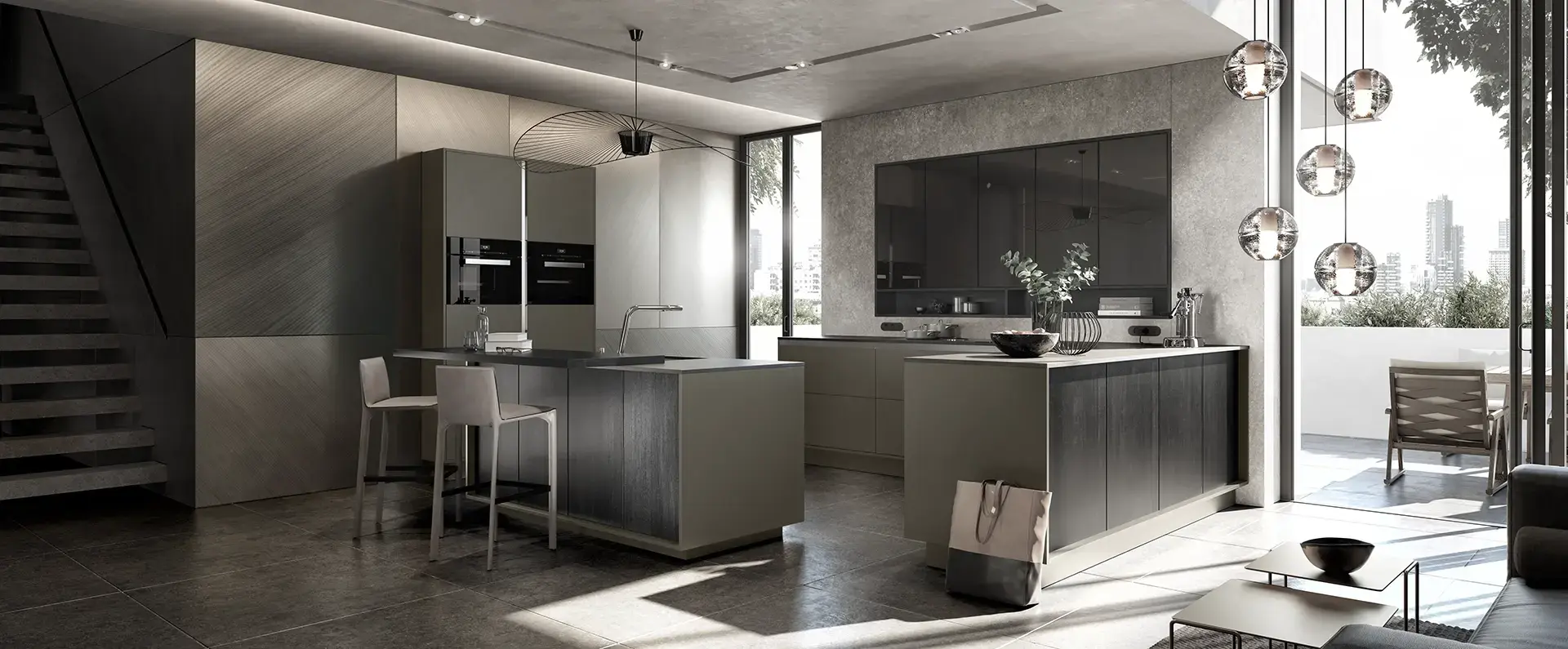 SieMatic SLC leefkeuken met kookeilanden, verfijnde materiaalcombinaties en open verbinding met het terras