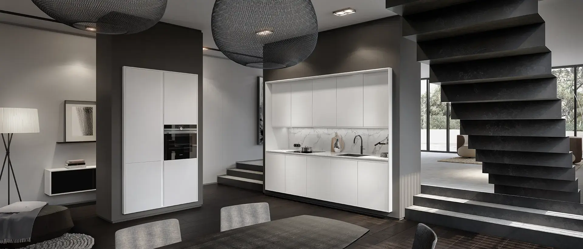 SieMatic SLC keuken geïntegreerd in de leefruimte met witte fronten, minimalistisch design en rustige uitstraling