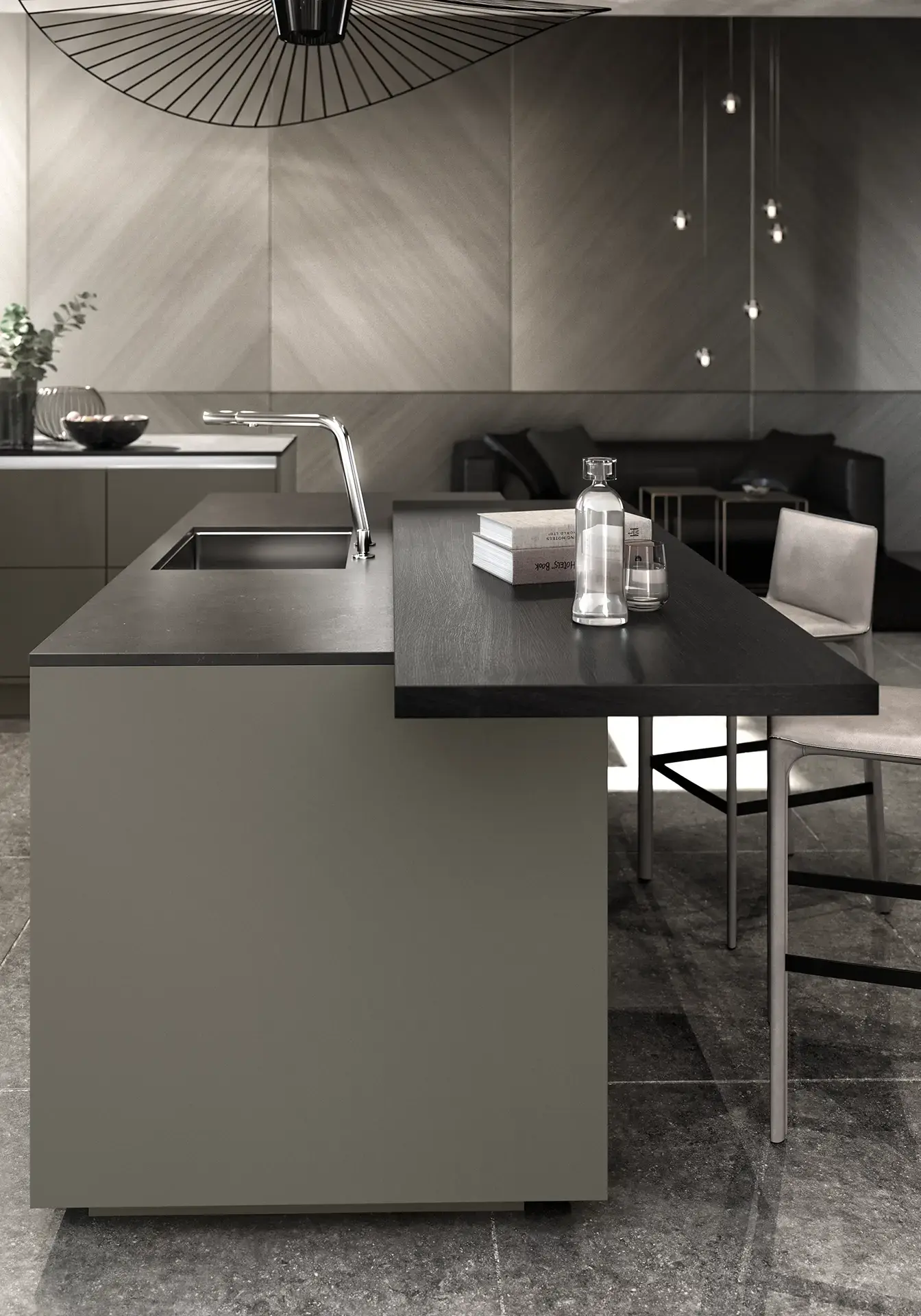 SieMatic SLC kookeiland met geïntegreerd zitgedeelte, minimalistische vormgeving en verfijnde materiaalcombinaties