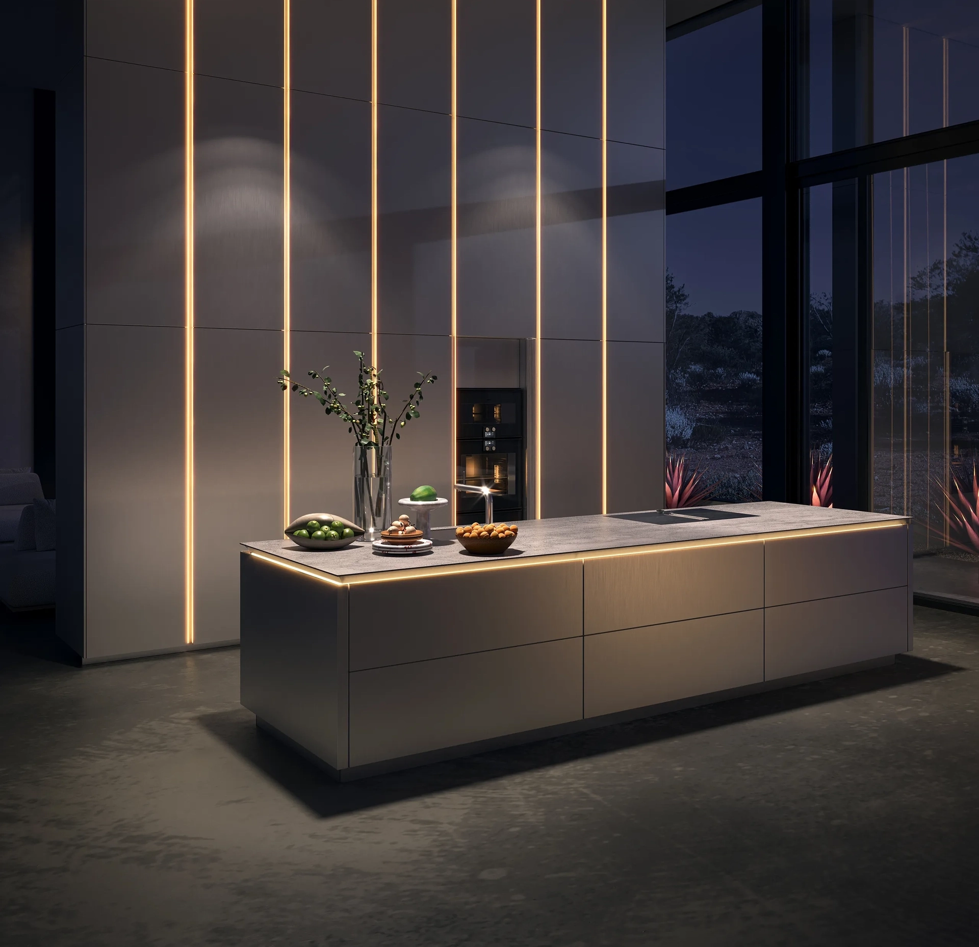 SieMatic SLX keuken met verlichte greeplijst, kookeiland en minimalistisch design.