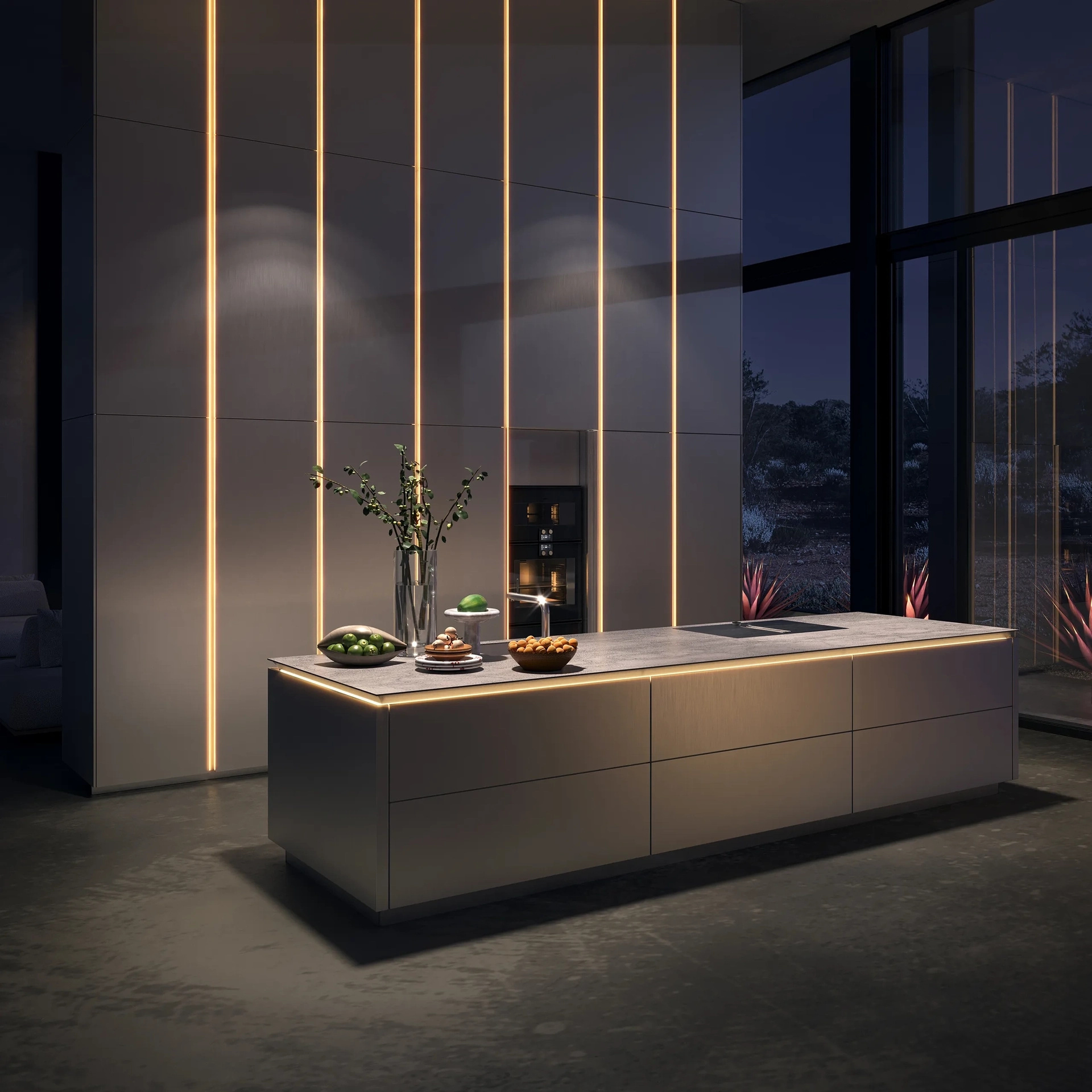 SieMatic SLX keuken met verlichte greeplijst, kookeiland en minimalistisch design.