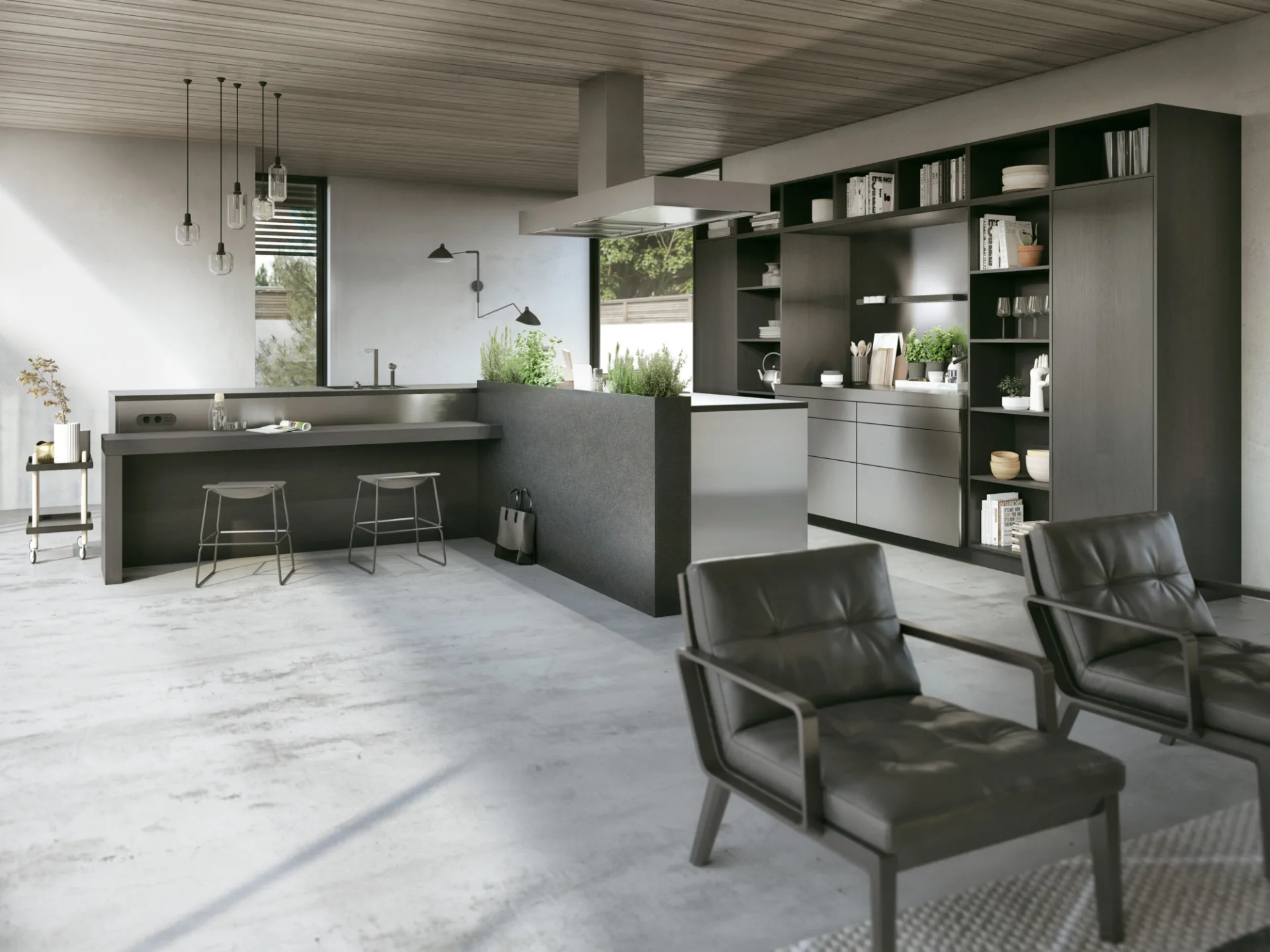 SieMatic URBAN kitchen with metal fronts and open cabinets