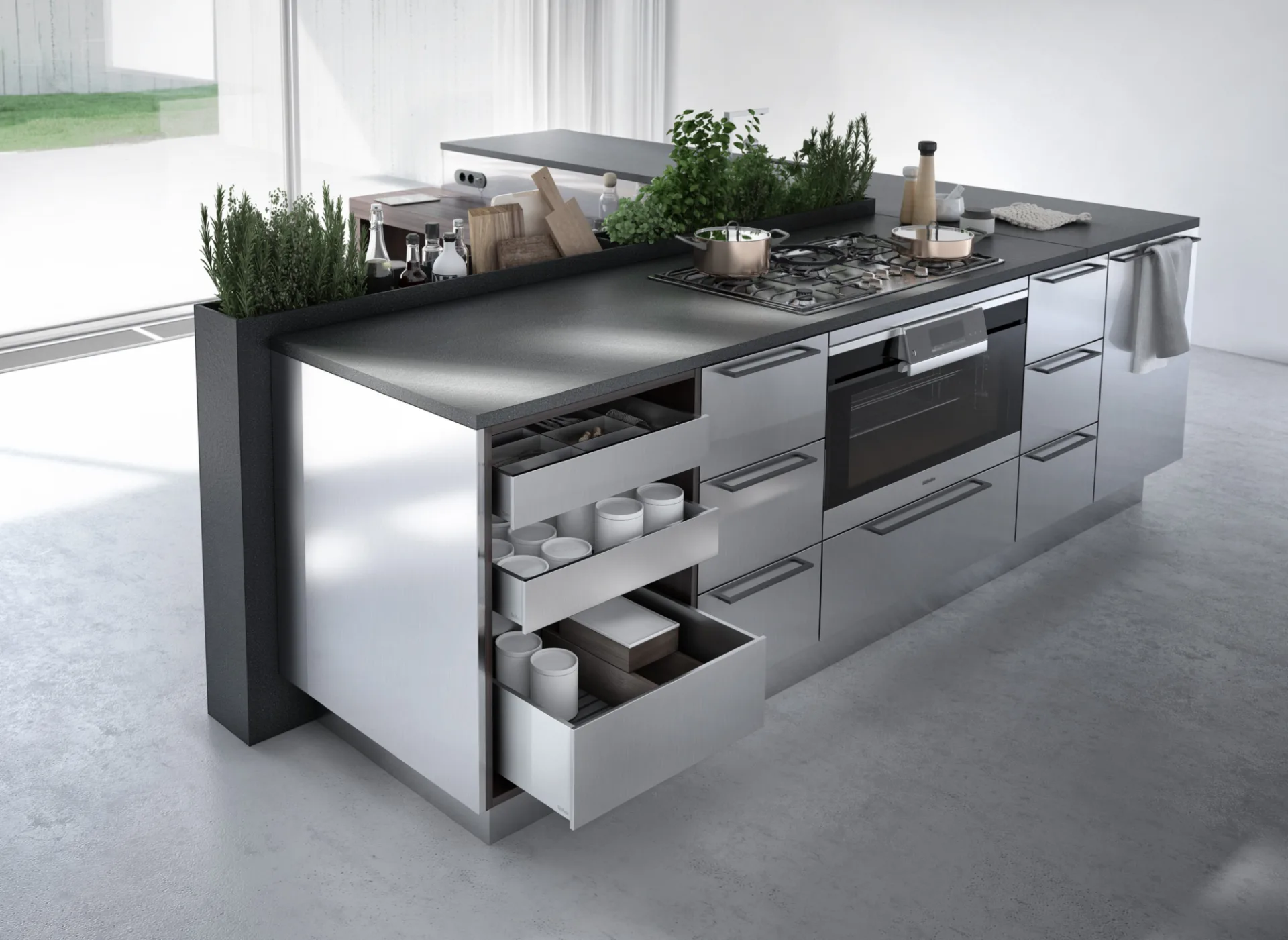 SieMatic metal kitchen with open drawers and storage space