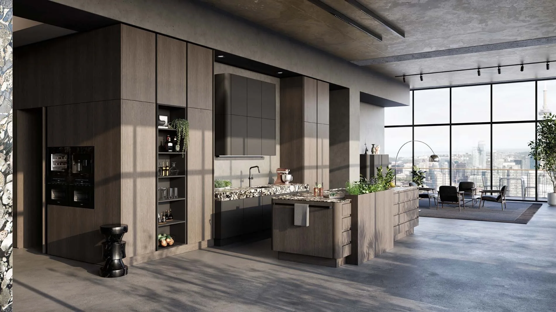 Ruime SieMatic SG6 keuken met houtfineer fronten en maatwerk kastenwand