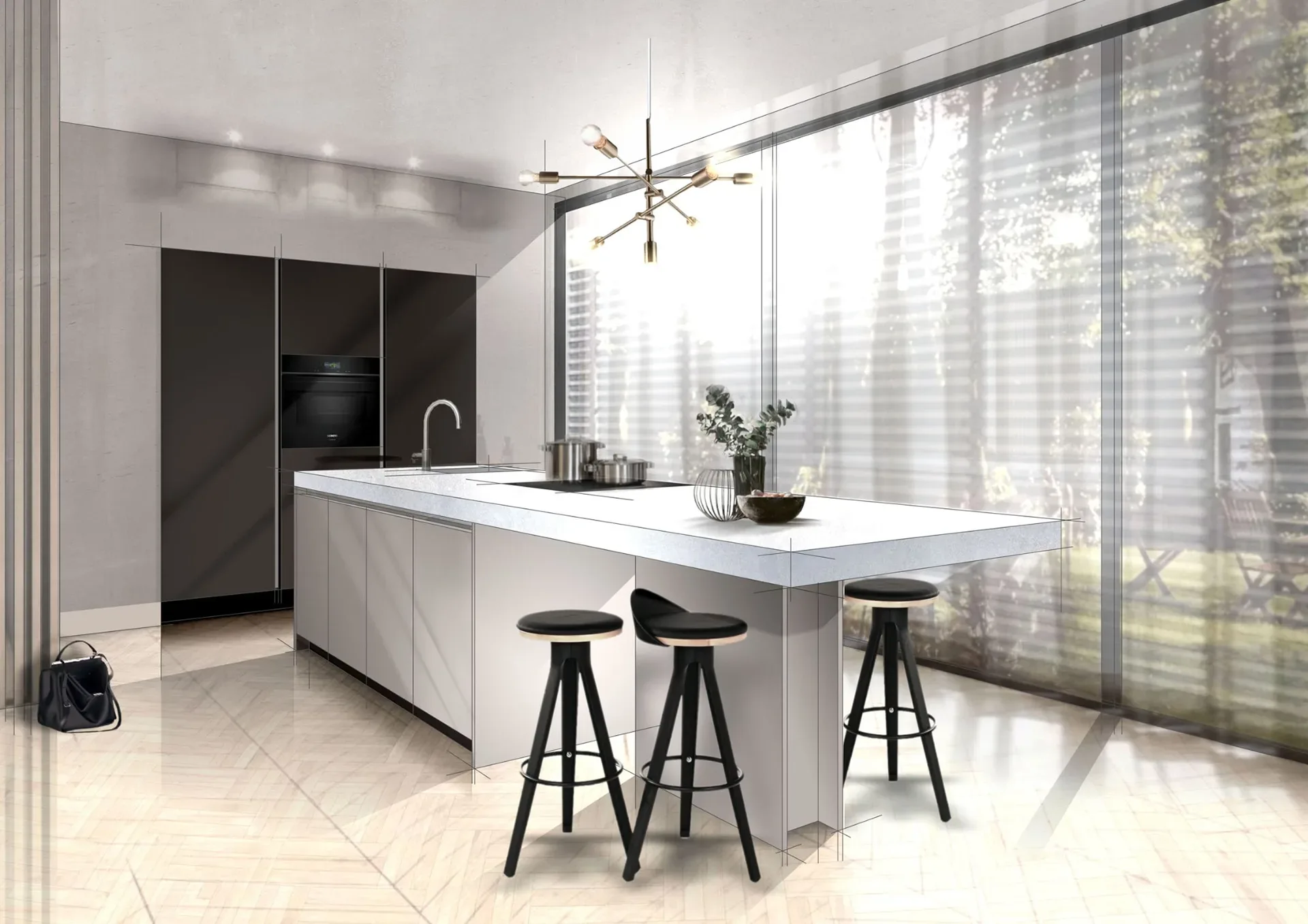Leefkeuken met kookeiland en tafelbar van SieMatic in een moderne woonruimte.