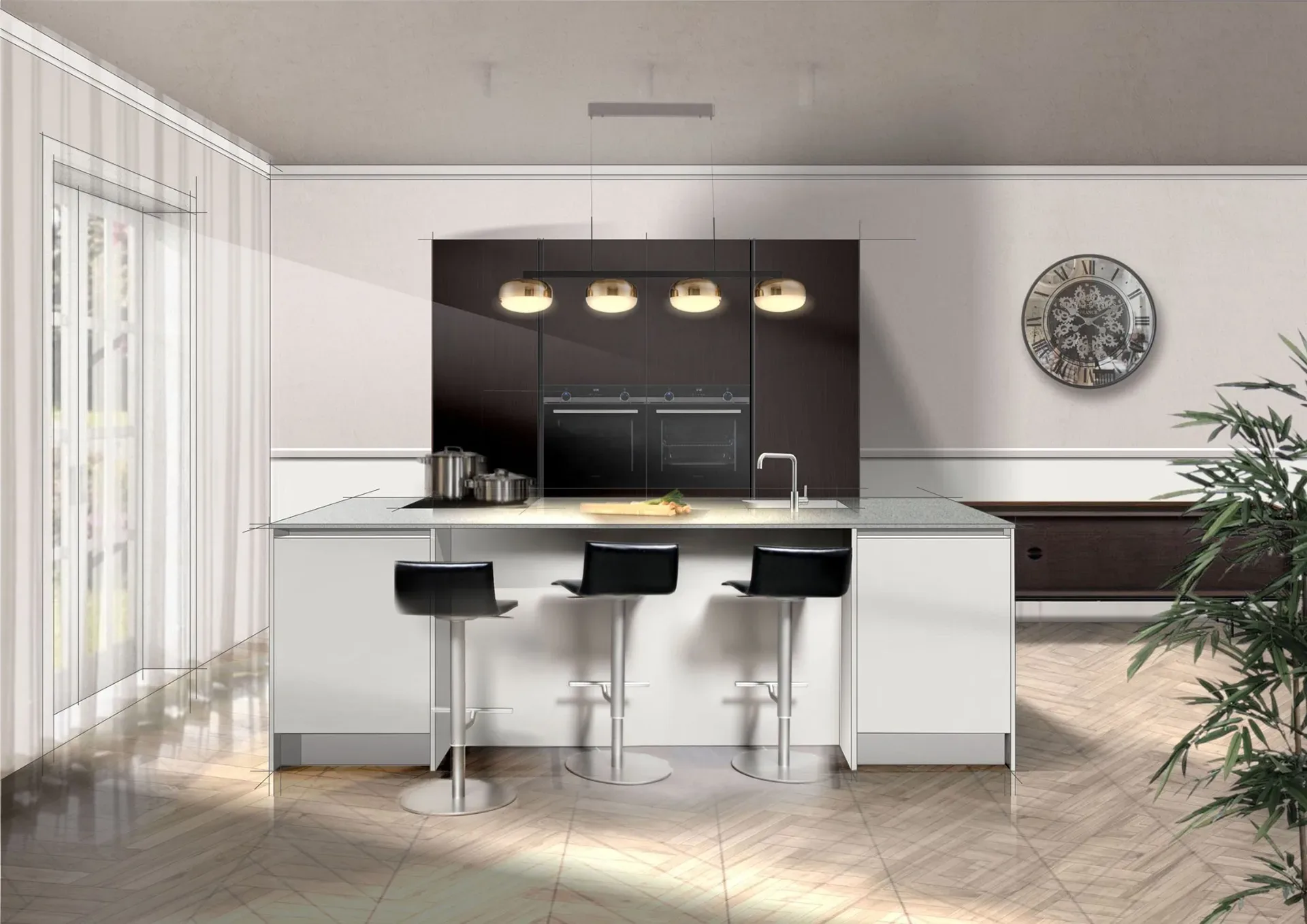 Woonkeuken met eiland en bar van SieMatic in een moderne open leefruimte.
